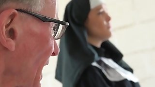 Horny teen nun strips and fucks an old man in the confessional